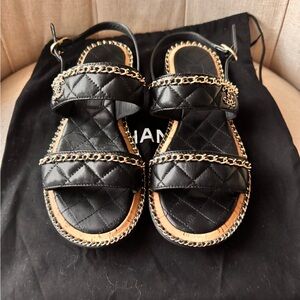 CHANEL Black lambskin Quilted Sandals with Gold Chain size 37C